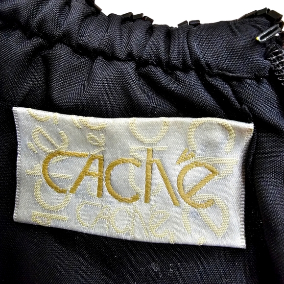 Vintage Cache Strapless Black Mesh Gown w/White Embroidered Beaded Floral Accent - Picture 3 of 17